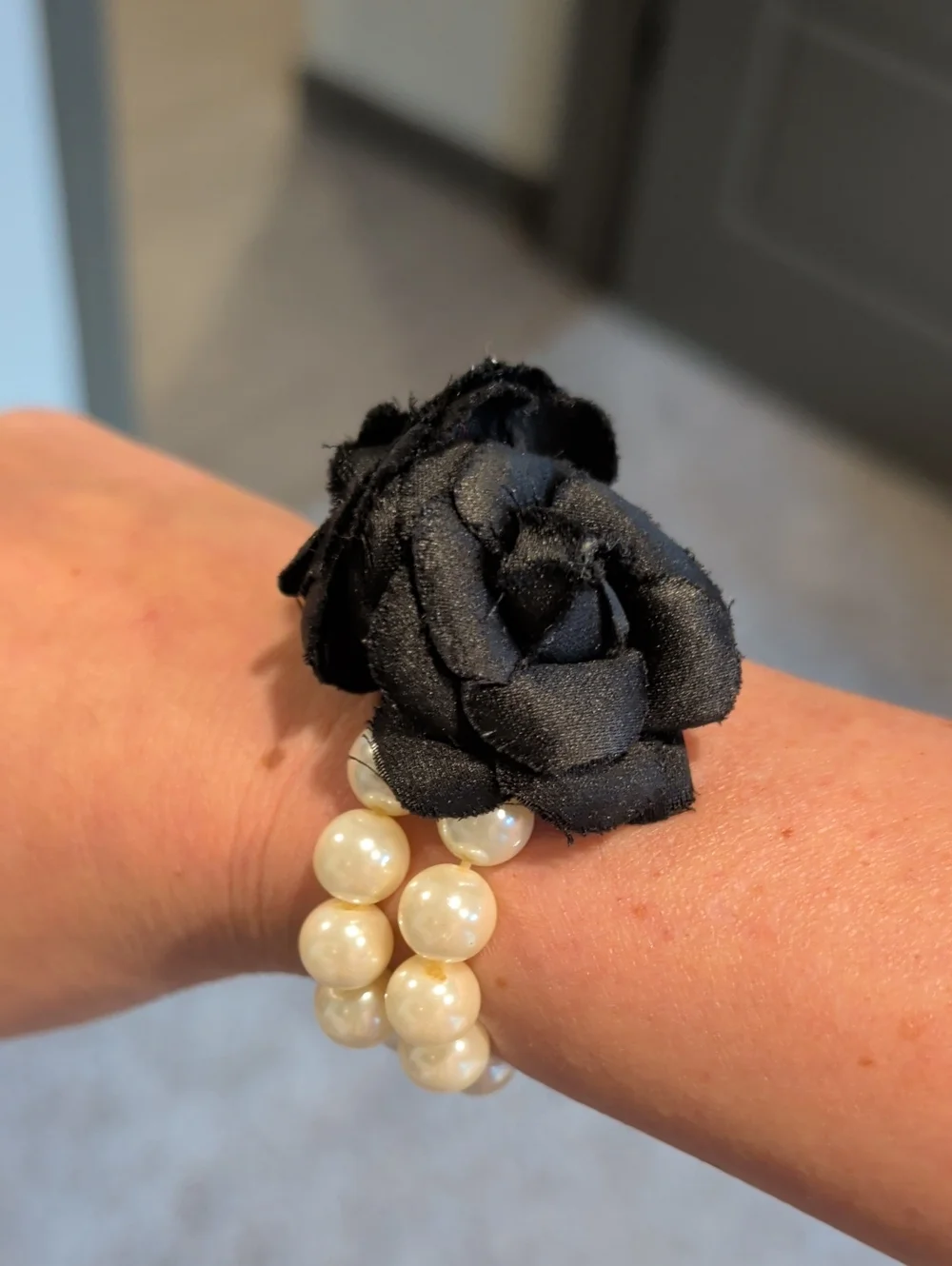 Pearl Stretch Bracelet with Black Fabric Flower